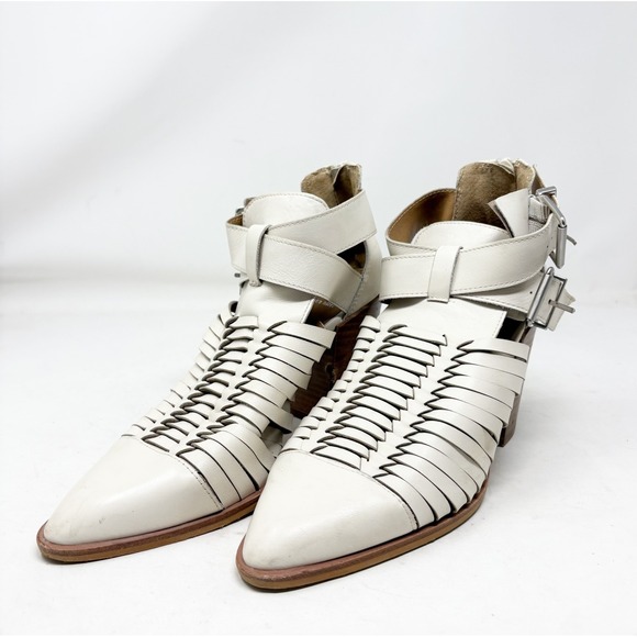 Gianni Bini Shoes - Gianni Bini White Leather Woven Cutout Ankle Booties Pointed Toe Block Heel 8M